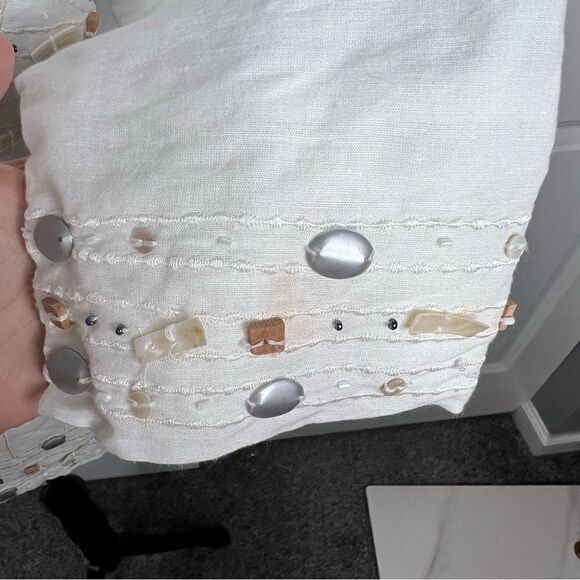 Sz M Gretchen Scott Linen Blend White Shell& Rock Embellished 3/4 Sleeve Blouse - Picture 10 of 16